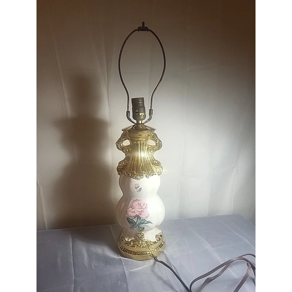 Vintage 23 Inch Ceramic‎ Table Lamp Pink Rose Floral Gold Gilt Urn Style